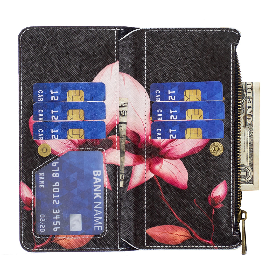 BF03 Zipper Pocket Leather Case for iPhone 15 Pro , Pattern Printing Stand Wallet Phone Cover - Pink Flower BF03 Zipper Pocket Leather Case for iPhone 15 Pro , Pattern Printing Stand Wallet Phone Cover - Pink Flower
